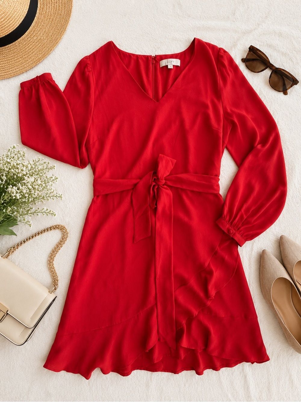 LOFT Red Faux Wrap Ruffle Mini Dress Tie Waist Long Sleeve Size 8